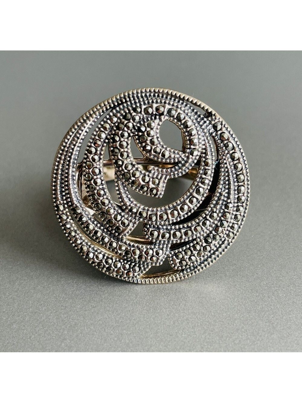 Vintage Judith Jack JJ Sterling Silver Millegrain Round Disc Ring W/ Mar…